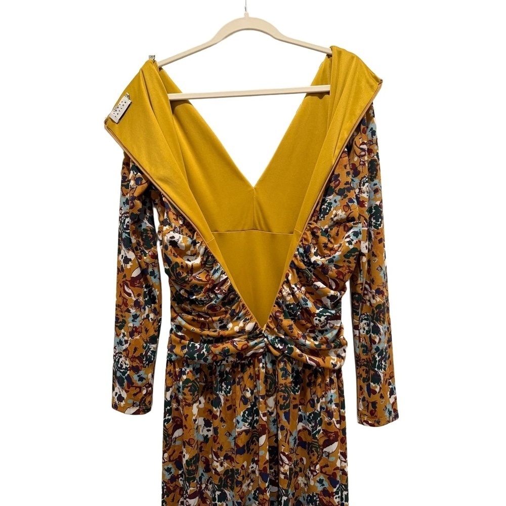 Tanya Taylor Maxi Dress Womens Mustard Yellow Floral Long Sleeve V-Neck Ruched M - Picture 4 of 7